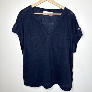 Nicole Miller 100% Linen Blouse Womens XL Navy Popover Roll‎ Tab Quiet Luxury